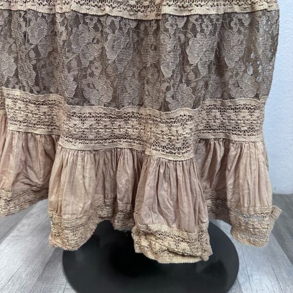 Y2K Boho Lace Midi Skirt Taupe Brown Tiered Ruffle Peasant Cottagecore Fairycore - Picture 7 of 7